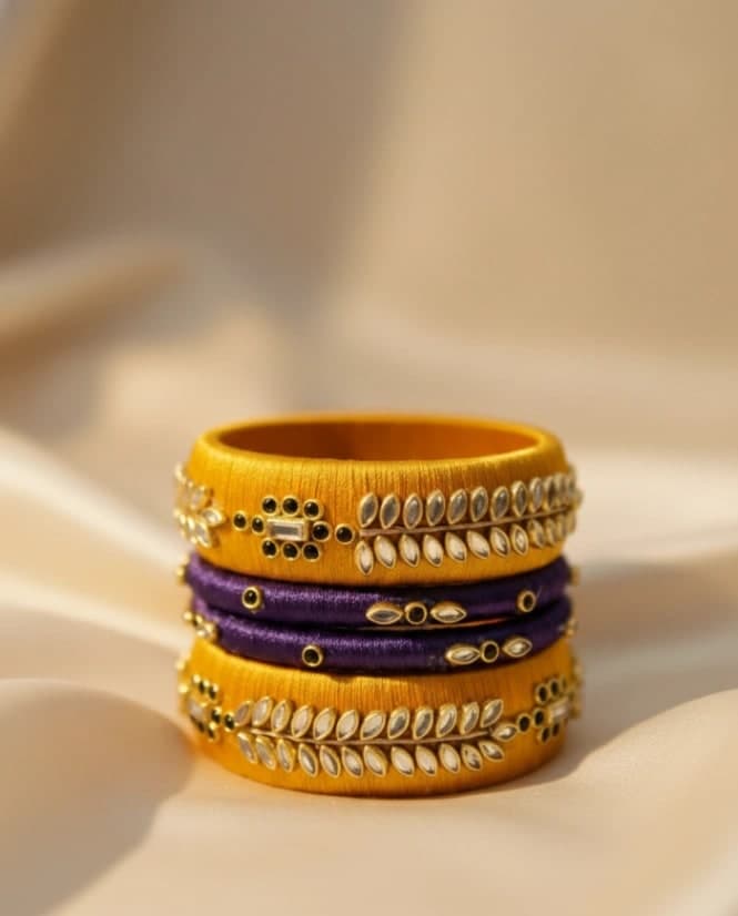 Handmade Silk Kundan Churi Bangle Set | Golden & Purple Bangles
